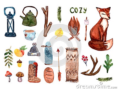 Cozy autumn watercolor set with home chose and fox.Scandinavian style Cartoon Illustration