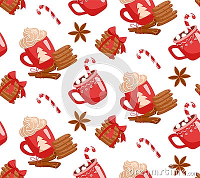 background with Christmas cookies, hot chocolate, marshmallows and candy canes. Cartoon drawing style isolated on white background Vector Illustration