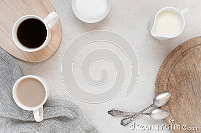 Cozy background with morning cups of coffee and tea Stock Photo