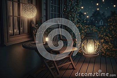 a cozy balcony with a chair, table and lantern for starry night Stock Photo