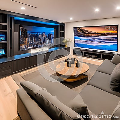 A cozy basement lounge with a sectional sofa, a big-screen TV, and a mini bar for hosting gatherings and movie nights3, Generati Stock Photo