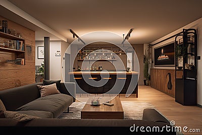 A cozy basement with a sectional sofa big scree. Generative AI Stock Photo