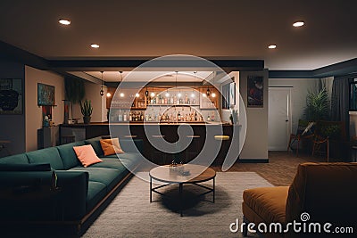 A cozy basement with a sectional sofa big scree. Generative AI Stock Photo