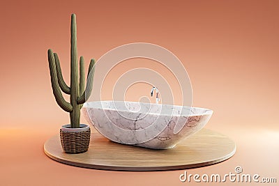 cozy bathbutb with cactus on wooden podest on infinite background 3D Illustration Stock Photo