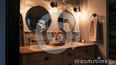 A cozy bathroom with a patterned tile floor. Generative Ai Stock Photo