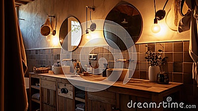 A cozy bathroom with a patterned tile floor. Generative Ai Stock Photo