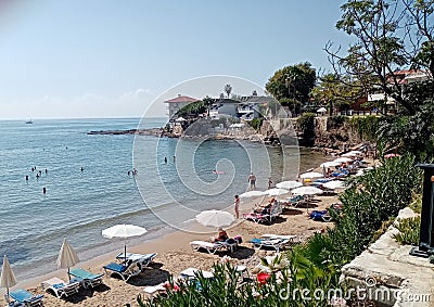 Cozy bay and people on the beach in Side. Turkey Editorial Stock Photo