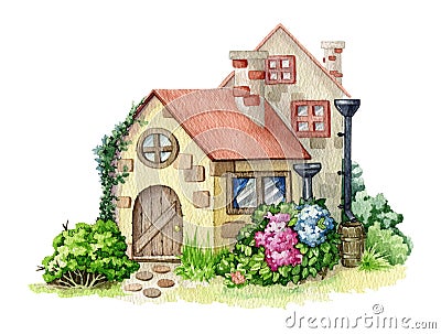 Cozy beautiful brick house with garden flowers. Watercolor illustration. Vintage small house with flowers and red roof Cartoon Illustration