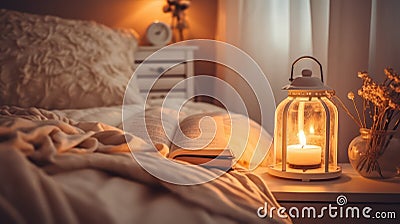 Cozy bedroom ambiance with an open book, a lit candle lantern, and a vase of dried flowers on a bedside table, inviting Stock Photo