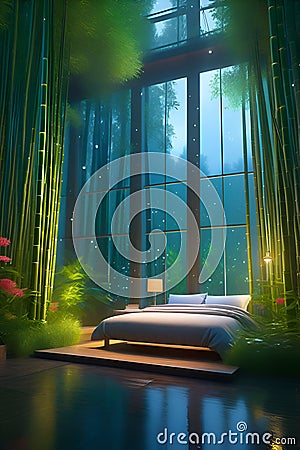 A cozy bedroom in a bamboo forest, with transparent wide windows, a whisical forest view, colorful wildflower and leaves, rainy Stock Photo
