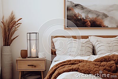 Cozy bedroom with brown elements in the decor. Wooden bed headboard and bedside table. Interior in boho style Stock Photo