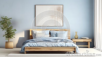 Cozy bedroom interior in Scandinavian style, large bed, beige bed linen, home decor. Sample Stock Photo