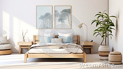 Cozy bedroom interior in Scandinavian style, large bed, beige bed linen, home decor. Sample Stock Photo