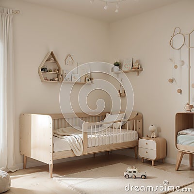 Cozy beige children room interior background, Stock Photo