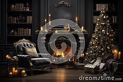 A cozy black minimal living room with a roaring fire in the fireplace, decorated with gold stockings, ornaments, and a beautifully Stock Photo