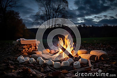 cozy bonfire with s'mores and marshmallows in the foreground Stock Photo