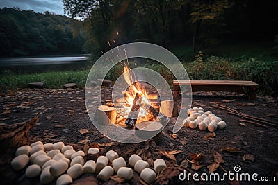 cozy bonfire with s'mores and marshmallows in the foreground Stock Photo