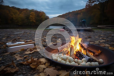 cozy bonfire with s& x27;mores and marshmallows in the foreground Stock Photo