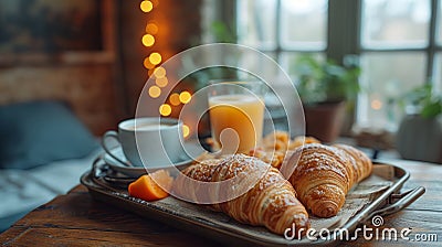 A cozy breakfast in the hotel room with a tray on the table with a cup of coffee, orange juice and croissants Stock Photo
