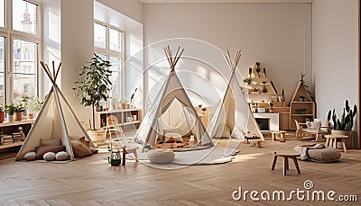 A cozy and bright children s room with playful decor and natural lighting. Stock Photo