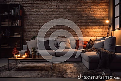 Cozy open loft living room with candles Stock Photo