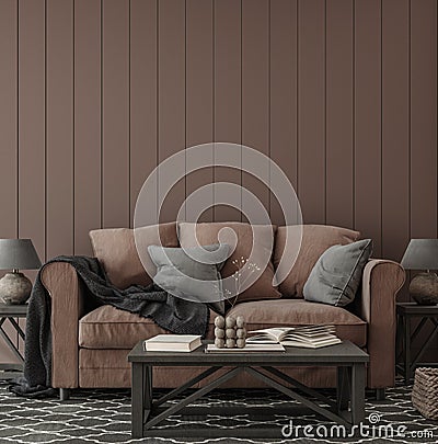 Cozy brown farmhouse living room interior, wall mockup Stock Photo