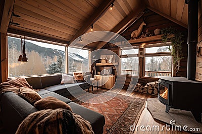 cozy cabin retreat with fireplace and view of the mountains, perfect for a winter escape Stock Photo