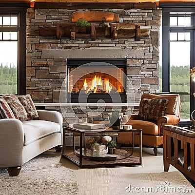 A cozy cabin-style living room with a stone fireplace, log walls, and plaid-patterned furniture5, Generative AI Stock Photo