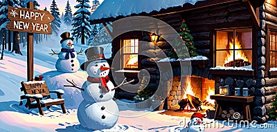 A cozy cabin in the woods with a fireplace and a snowman outside-The snowman is holding a sign that says -Happy New Year 2024 Stock Photo