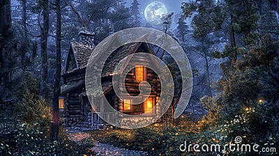 A cozy cabin in the woods its windows aglow with the reflection of the dancing moonbeams outside. . Stock Photo