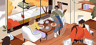 Cozy cafe interior. Women friends sitting at table in coffeeshop, modern city coffeehouse, bakery. People talking Vector Illustration