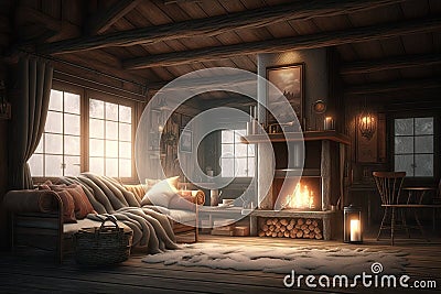 cozy chalet with fireplace, wooden flooring and plush blankets for a winter escape Stock Photo