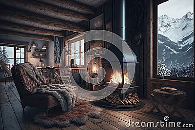 cozy chalet with fireplace, wooden flooring and plush blankets for a winter escape Stock Photo