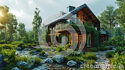 Cozy chalet in the garden with beautiful landscaping Stock Photo