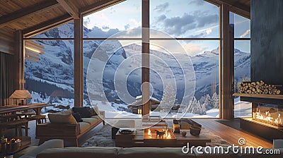 Cozy chalet interior in swiss alps with fireplace, wooden furniture, and snowy landscape view Stock Photo