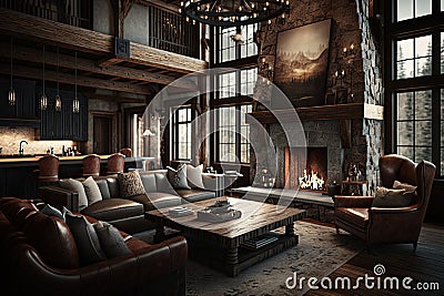 cozy chalet living room with roaring fire, leather furniture, and stone accents Stock Photo