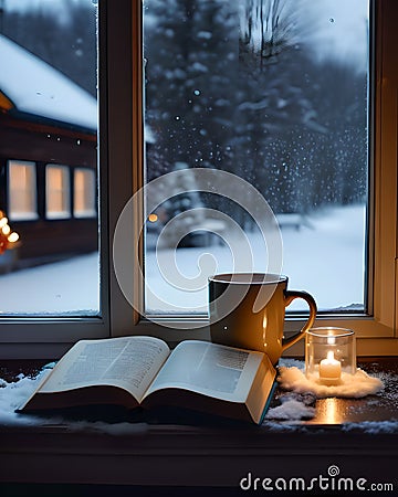 Cozy and Christmas atmosphere with cushions, steaming mug, book Stock Photo