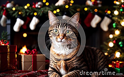 Cozy Christmas Comforts A Charming Scene with Cats and Festive Warmth Stock Photo
