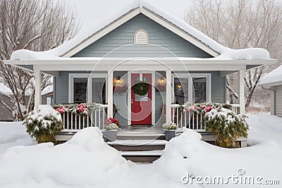 Cozy christmas cottage with festive decorations and delicate wreath in snowy surroundings Stock Photo