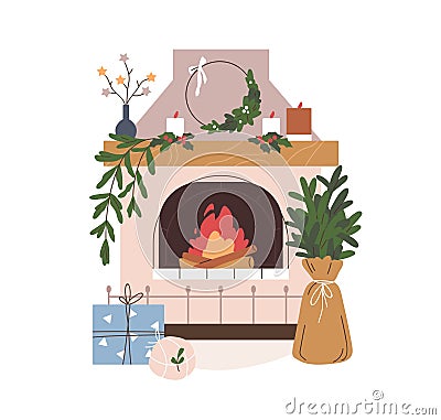 Cozy Christmas fireplace. Fireside decorated with Xmas ornament, winter holiday decorations. Warm fire place with Vector Illustration