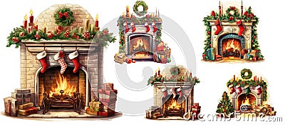 Cozy Christmas fireplace, Illustration for Christmas holiday, New Year, Yule, Noel Stock Photo