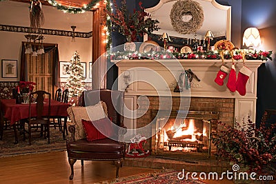 Cozy Christmas Fireplace Setting Stock Photo