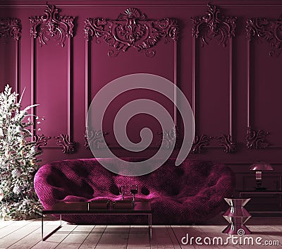 Cozy Christmas home interior with Xmas tree and sofa, Classic style, purple color interior Stock Photo