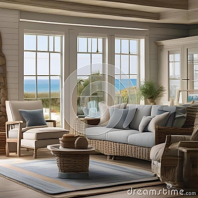A cozy coastal cottage living room with nautical decor and a view of the ocean2 Stock Photo