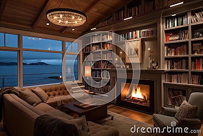 cozy coastal home with fireplace and book collection for relaxing evenings Stock Photo