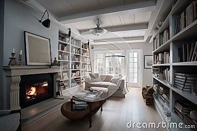 cozy coastal home with fireplace and book collection for relaxing evenings Stock Photo