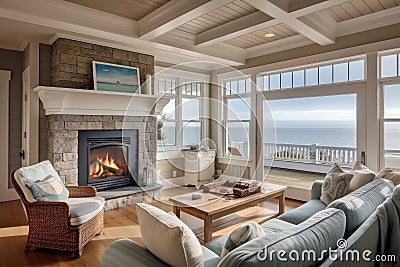 cozy coastal home with fireplace, comfy furniture and scenic views Stock Photo