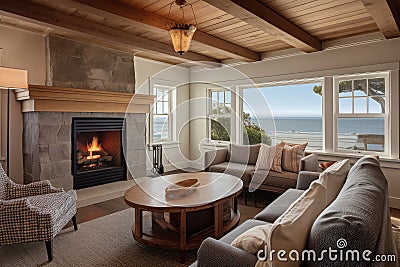cozy coastal home with fireplace, comfy furniture and scenic views Stock Photo
