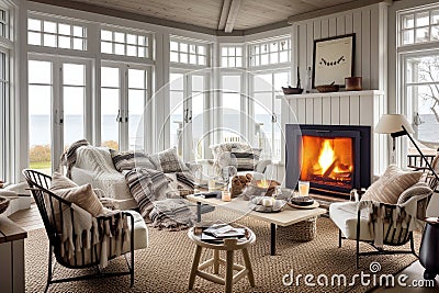 cozy coastal home with roaring fireplace and candles for the ultimate winter escape Stock Photo