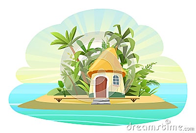 Cozy coastal resort town. A beautiful city by the sea. Traditional houses with red roofs. Seascape with sea horizon Vector Illustration